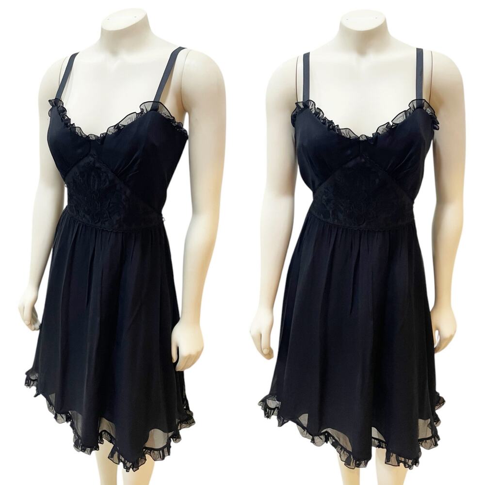 Betsy Johnson Silk Fit Flare Ruffle Embroidered Short Little Black Dress Size 10